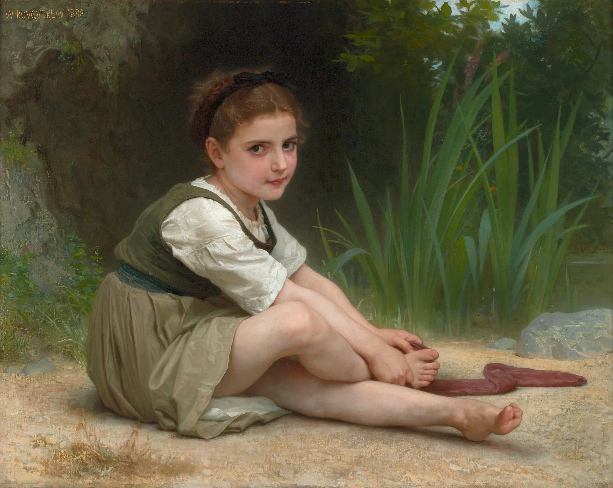 A young girl resting beside a forest stream with bare feet on stones, painted with extreme realism.